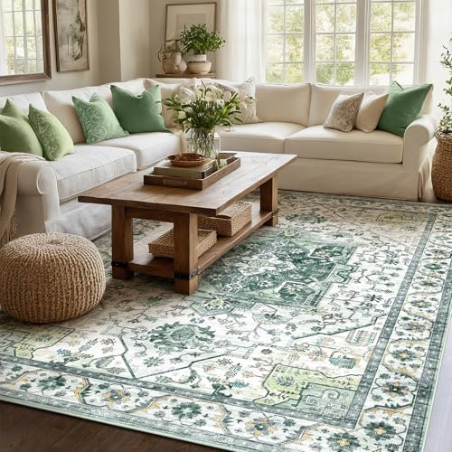 XSIVOD Green Living Room Rug, Washable Area Rugs for Bedroom, Non Slip Vintage Rugs for Dining Room Home Office, Soft Low Pile Floral Rug Accent Floor Carpet for Home Decor, 150 x 210 cm