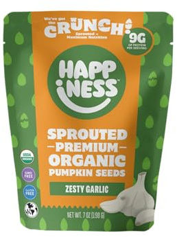 Happiness Foods™ Zesty Garlic – Sprouted Organic Raw Pumpkin Seeds – High Protein, Certified USDA Organic, Non-GMO, Low Carb, Vegan, Gluten-Free, Dairy-Free Snacks for Gut Health– 7 oz
