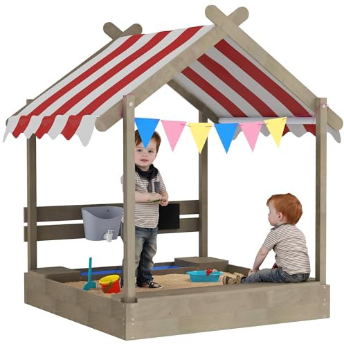 Outsunny Sandkasten mit Dach, Sandkiste aus Holz mit Sitzplatz, Spielhaus, 124 x 116 x 146 cm Sandbox mit Tafel für 3-7 Jahre Kinder, Garten, Grau