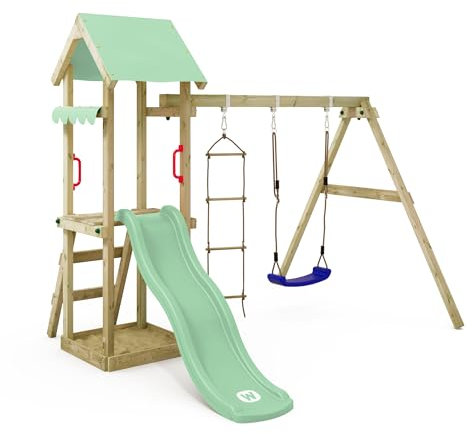WICKEY Spielturm Klettergerüst TinyCabin mit Schaukel & Pastellgrüner Rutsche, Outdoor Kinder Kletterturm mit Sandkasten, Leiter & Spiel-Zubehör für den Garten