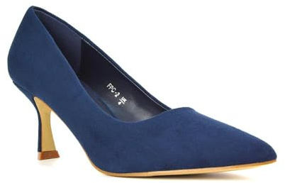 Women's Classic Pointed Toe Court Shoes Ladies Slip On Navy Faux Suede Stiletto Office Evening Formal Mid Heel Pumps 7