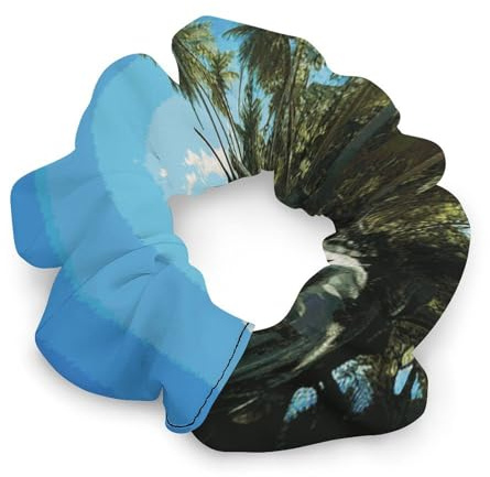 Palm Trees And Clear Sea Hair Scrunchies for Women No Damage, Soft Elastic Hair Ties with Fashionable Printed Patterns, Satin Scrunchy Hairbands for Ponytail, Bun, Workout & Sleep