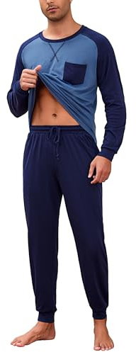 Aseniza Pijama Hombre Invierno Conjunto - Pijama Algodón Hombre de Manga Larga con Diseño Raglán y Contraste Ropa de Dormir Invierno 2 Piezas Azul Cielo M