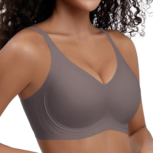PQK Wireless Bras for Women Comfortable Seamless T Shirt Bras No Underwire V Neck Full Coverage Support and Lift Coffee