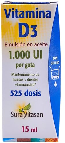 Sura Vitasan Vitamina D3 Líquida 15ml - 1000 UI por Gota - Con Aceite de Coco (MCT) - Alta Absorción para Huesos, Músculos y Sistema Inmunitario