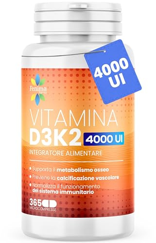 Vitamina D3 K2 4000 UI - 365 Microcompresse (Scorta 1 Anno) Supporto per Ossa, Denti e Difese Immunitarie - Integratore Vitamina D - Alta Biodisponibilità Senza Glutine, Lattosio e Zucchero