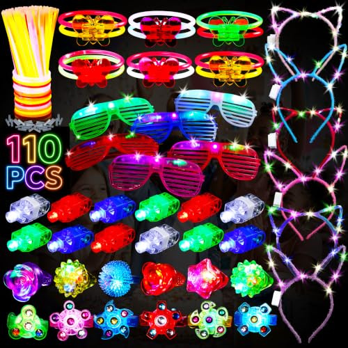 Mikulala 110 PCS Glow in the Dark Party Supplies - LED Light Up Toys Bulk with Bunny & Cat Ear Headbands, Glasses, Glow Sticks, Jelly Rings, Finger Lights & Spinner Bracelets for Kids Adults