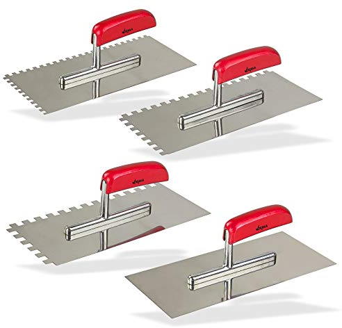Glättkellen Set 4 Stück, 280 x 130 mm, unterschiedlich gezahnt, ungezahnt, aus Edelstahl, mit Holzgriff
