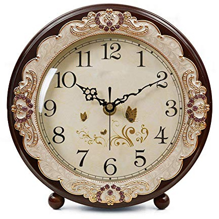 Justup Vintage Table Clock, Retro Non-Ticking European Style Beside Desk Clock Battery Operated Silent Quartz Movement for Bedroom Living Room Indoor Decor (Brown)