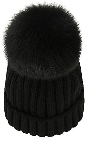 Winter Knit Beanie Hat with Real Fox Fur Pom Pom Chunky Snow Cap for Women Girls (Black)