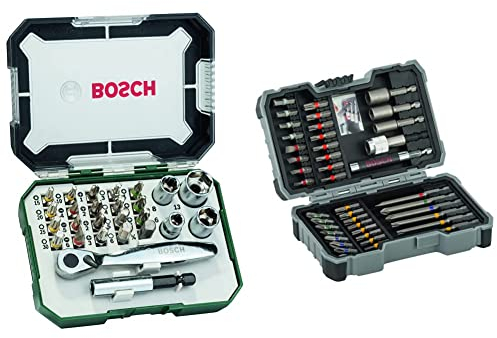 Bosch 26tlg. Schrauberbit und Ratschen-Set & Professional 43tlg. Schrauberbit und Steckschlüssel-Set (PH-, PZ-, Hex-, T-, TH-, S-Bit, Zubehör Bohrschrauber und Schraubendreher)