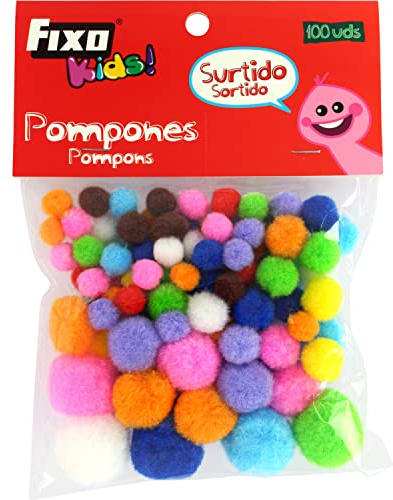 Fixo Kids 68016200 Pack of 100 Pompoms Crafts, Colours and Assorted Sizes