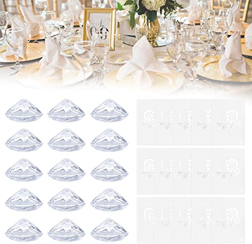 EMAGEREN 15 Pcs Place Card Holders Acrylic Crystal Table Card Stands Number Photo Stand Place Name Memo Card Holder with 15 Pcs Love Heart Place Cards for Party Wedding Table Decorations(Clear)