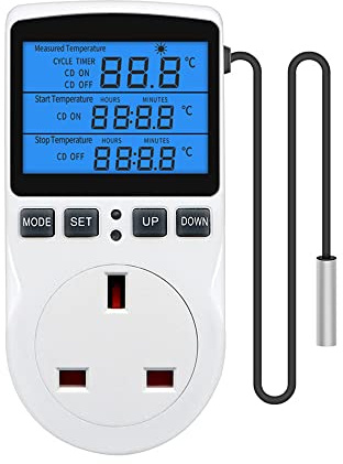 Gobesty Digital Temperature Controller, Thermostat Outlet Backlight LCD Screen, 230 V 16A Digital Plug in Socket with Temp Sensor, Timer Switch Plug with Heating and Cooling Mode, for Greenhouse Farm