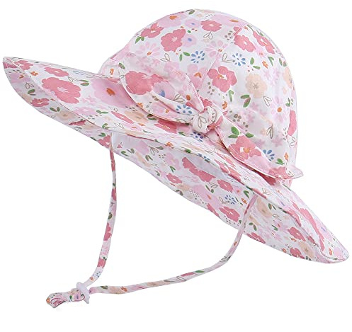LACOFIA Cappellino Estivo da Sole per Neonata UPF 50+ Cappello da Pescatore per Bambina Berretto Mare con Sottogola Regolabile Fiori Rosa Chiaro 6-18 Mesi
