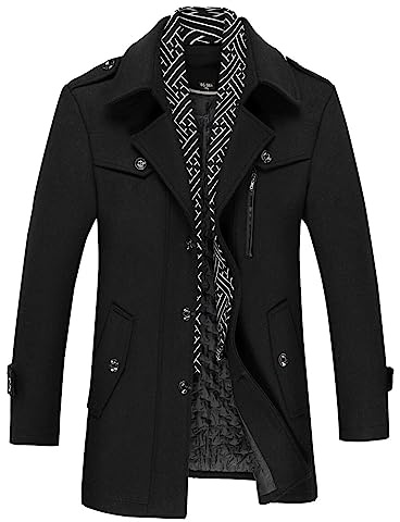 Allthemen Mens Trench Coat Scarf Collar Mid Length Overcoat | Mens Wool Blend Warm Coat Wedding Business Casual Coat Button Down Lapel Outerwear Solid Color Regular Fit
