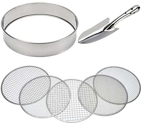 Set setaccio per invasatura da giardino, in acciaio inox, diametro 30,5 cm, con 5 filtri intercambiabili a rete 3,6,9,10,12 mm e pala