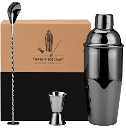 Jettory Set di 3 shaker mixology barman con shaker in acciaio inox da 24 oz, cucchiaio da bar, misurino da cocktail e confezione regalo, perfetto per la casa e i principianti (nero).