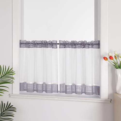 Joyswahl Linneutseende gardin i lantlig stil Jasmin Cáfe gardiner, transparent, korta köksgardiner, bistrogardiner, vardagsrum, grå, H x B 45 x 90 cm, 1 st