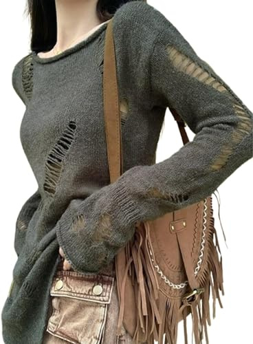 JJyaOX Top da donna a maniche lunghe con strappo, traforato, stile gotico punk, maglia a maglia, spalle oblique, orlo asimmetrico (taglia unica, 3-grigio), 3-grigio, Etichettalia unica