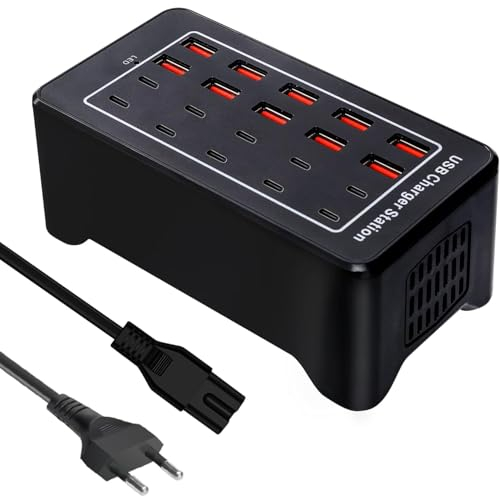 100W Cargador USB C Multipl 20 Puertos USBC Enchufe Cargador iPhone, 10 Port Múltiple USB Charger Pared Adaptador Tipo C para iPhone 16 15 14 13 12 11 Pro MAX XR XS 8 7,iPad,Samsung S23 S22