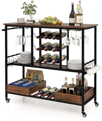 RELAX4LIFE Carrello per Servire a Casa con Portabottiglie di Vino Ripiani in Vetro, Ganci e Vassoi Portaoggetti, Ruote Bloccabili, a 3 Livelli, 107,5 x 40 x 91,5cm (MARRONE)