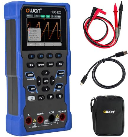 OWON HDS120 Multímetro osciloscopio+multifunción 2 en 1, ancho de banda de MHz con pantalla IPS de 2,8 pulgadas, 20000 recuentos, 4 multímetros digitales de 1/2 y osciloscopio digital de 1 canal