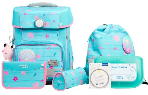 SCHOOL-MOOD Champion Pro Schulranzenset 7-teilig 21,5L Stauraum, ergonomisches Easy Fit System für 1 m bis 1,50 m Körpergröße, standfest, wasserdichter Stoff mit Reflektoren (Lilly Meerjungfrau)