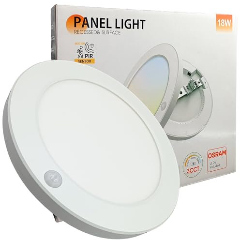 Plafon LED Techo Sensor de Movimiento Circular 23cm, 18W, 1800Lm, Superficie o Empotrable, Detector PIR de Presencia y Crepuscular, Luz Seleccionable 3000K 4000K 6000K