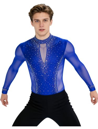 Freebily Mens Long Sleeve Latin Dance Shirt Tops Shiny Rhinestone Bodysuit Figure Skating Leotard Blue S