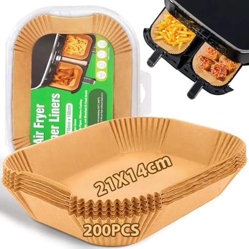 HUMTEOXI 200 Unità Carta Forno per Friggitrice ad Aria, 21x14cm Teglia Fogli Carta Forno Rettangolare BPA Free con Ninja Dual Zone Double Stack e Altri Doppio Zona Airfryer