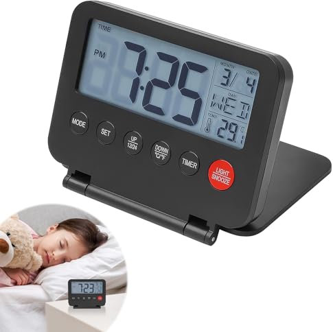 Digital Travel Alarm Clock Mini Foldable Portable Temperature Calendar Timer LCD Clock with Backlight Temperature Snooze Battery Operated 12/24H Small and Light Simple to Set for Home Travel Office
