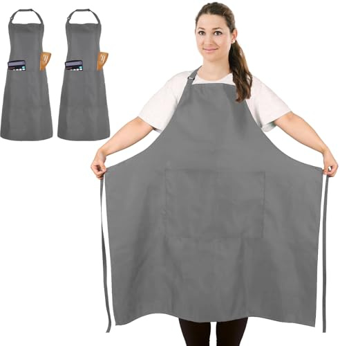 FunChaos 2 Pces Tablier de Chef Gris, Tablier Unisexe avec 2 Poches pour Cuisine, Grillades, Barbecue, Travail, Tablier Professionnel pour Serveur, Artiste, Coiffeur (Taille Grande)