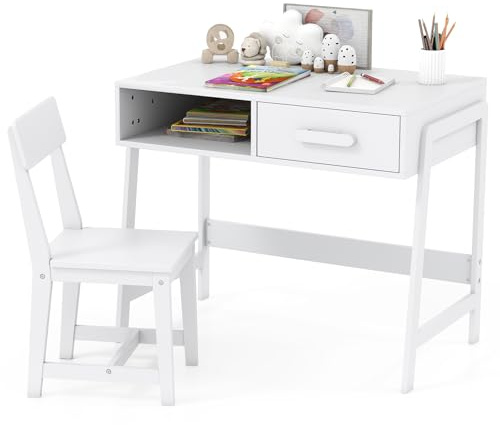 COSTWAY Kids Desk and Chair Set, Wooden Children Study Table with Drawer, Storage Hutch, Student Writing Desks for Boys Girls (White)