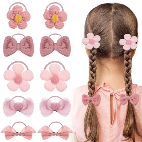 10Pcs Bow Hair Ties for Girls – Soft Elastic Hair Bands with Cute Bows, Toddler & Baby Hairs Accessories for Thin or Thick Long Hairs (Pink)