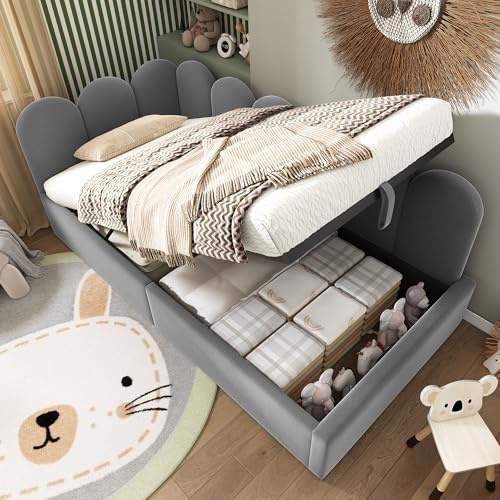 3ft Single Daybed with Hydraulic Storage, Functional Upholstered Ottoman Bed with Wooden Slats, Velvet Gas Lift Storage Bed Sofa Beds Guest Beds for Adults, Teenagers and Children, No Mattress, Grey