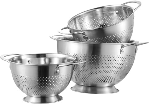 Juego de 3 coladores de acero inoxidable con mango ancho y base resistente, apto para lavavajillas y resistente al óxido, perfecto para escurrir verduras, ensaladas, frutas, pasta y carne