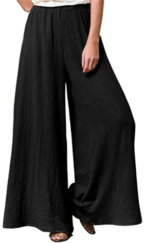 Hisanny Pantalon Palazzo en lin pour femme - Coupe large - Taille haute élastique - Avec poches, noir, 5X-Large plus