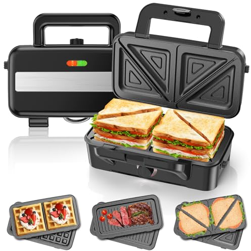 Appareil Croque Monsieur 3 en 1, Gaufrier 1200W avec Contrôle de Température à 5 Vitesses, Machine à Sandwich avec 3 Plaques Antiadhésives pour Sandwich, Gaufres, Viande, Lumières LED