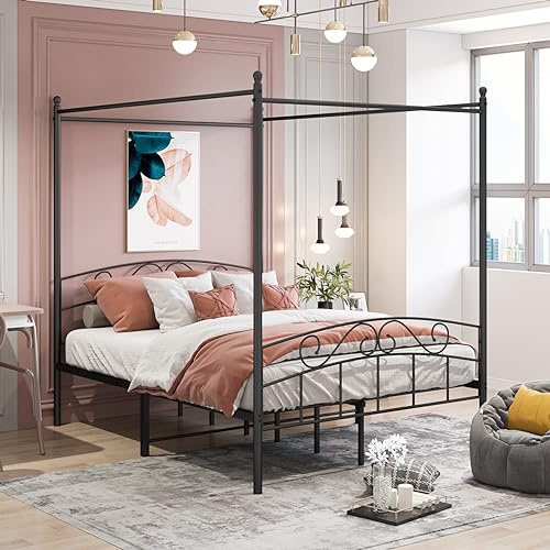 Panana Metal Canopy Bed Frame Double Size 4 Poster Platform Bed with Headboard&Footboard Home Modern Bedroom Furniture (Black)
