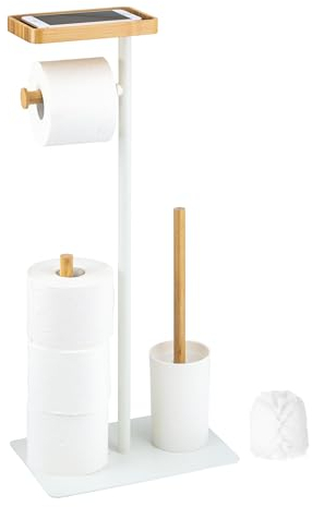 eluno Stand-WC-Garnitur 4in1, WC-Bürste, (Ersatz-) Rollenhalter, Ablage, Bambus/Metall (Weiß)