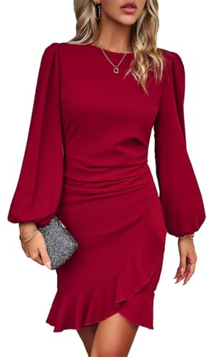 TcIFE Damklänning, fritidsklänning, rund hals, långärmad bodycon volangklänning, kort, snäv, miniklänningar, klassisk avslappnad klänning, eleganta kvinnor, 1–2 vin, M