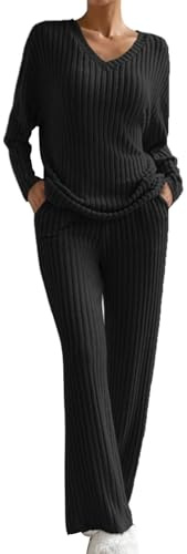 Traje de punto de dos piezas para mujer, traje de ocio, cuello de pico, traje de pantalón, manga larga, jersey de punto acanalado + pantalón recto, traje de deporte, traje de casa suave, conjunto de