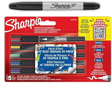 Sharpie Brush Creative Markers Acrylic | Blister of 5 Colors Twin Tip Black Marker