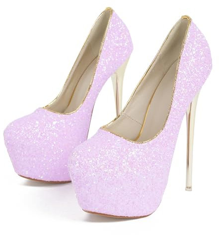 Glitterpumps dam stilett hög klack klack platå plattform rund tåhätta pumps 16 cm fest bröllop klänning skor, lila, 36 EU