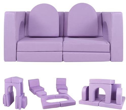 DREAMADE 12 in 1 Spielsofa, modulares Kindersofa aus 8 Schaumstoff Bausteine, Kindercouch mit Wildlederbezug, Kinderspielsofa Kindermöbel für Spielzimmer, Kinderzimmer & Schlafzimmer (Violett)