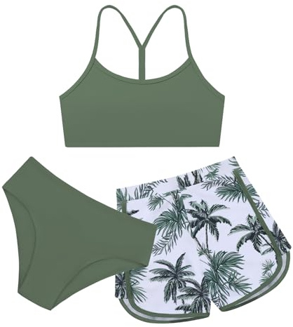 Miyanuby Girls 3 Piece Bikini Swimsuits 13-14Y Teens Summer Tropical Printed Bathing Suit with Shorts Cover Up Sets Swimwear Green