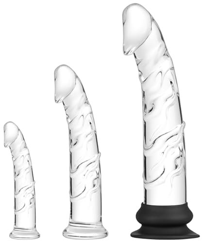 Realistisches Saugnapf-Glas-Dildo-Set–3 Größen (klein, groß, extragroß)mit 1 abnehmbarem Silikon-Saugnapf,ideal für Temperaturspiele und G-Punkt-Stimulation.geeignet für Neulinge bis Fortgeschrittene