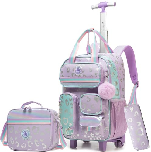 HTgroce Multi-compartment trolley backpack school bag trolley girls boys school backpack trolley school trolley school backpack children's suitcase travel luggage for teenagers, A-Purple Heart, 42cm x