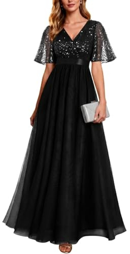 Formal Dresses for Women Black Prom Evening Gown Sequin Tulle V Neck Ruffle Short Sleeve Empire Waist A Line Long Dress